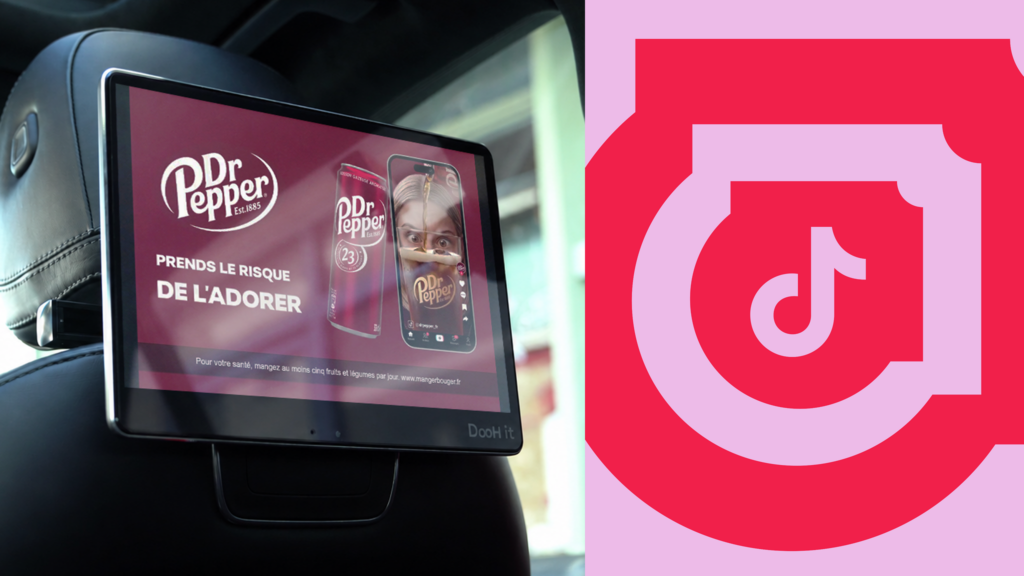 Dr Pepper TikTok Out of Phone campaign displayed on a DigiCab screen in a premium taxi